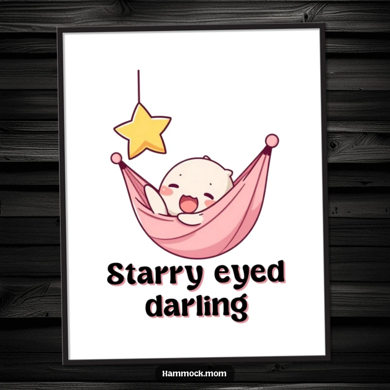 Funny digital art print of a kawaii hammock character yawning and reaching for a star, perfect for motivational wall decor.