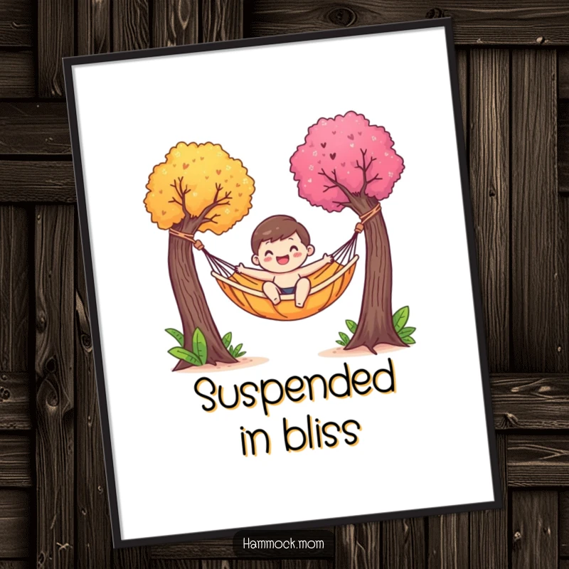 Funny digital art print of a happy hammock character gently swaying between colorful trees, perfect for creating a tranquil and cheerful atmosphere.