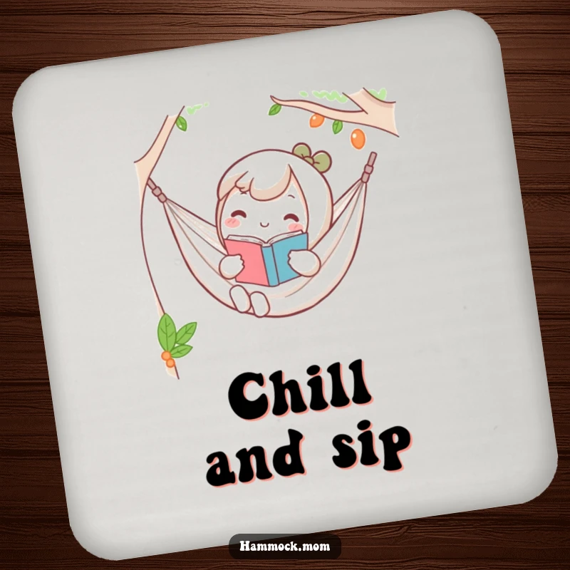 Funny Kawaii hammock drink coaster featuring a character holding a book, looking relaxed, protecting surfaces.