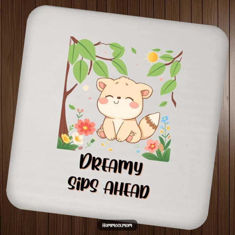 Funny Drink Coaster featuring a delighted animal character dreaming in nature, protecting surfaces with a humorous touch.