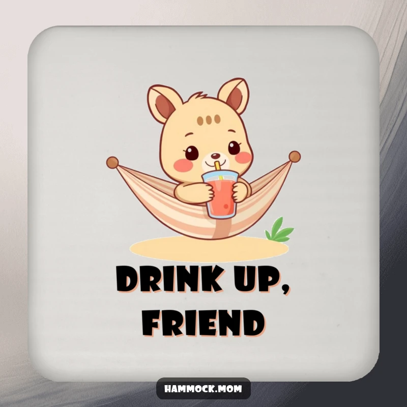 Funny drink coaster featuring a relaxed hammock animal character offering a refreshing drink with a straw, adding humorous protection.