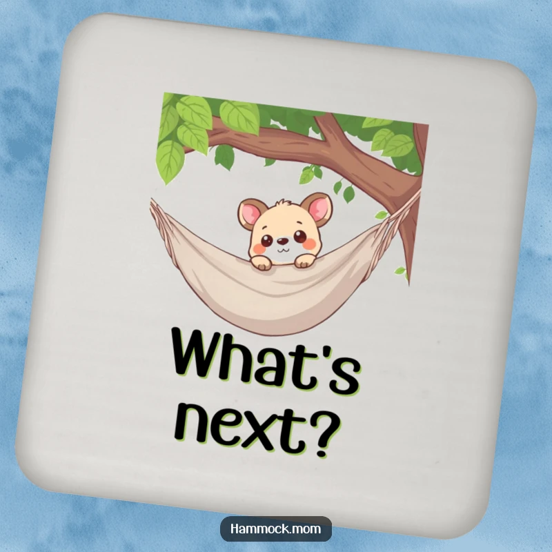 Funny drink coaster with a curious animal character peeking over a hammock edge, adding intrigue and surface protection.