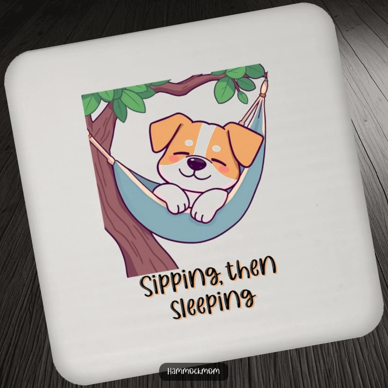 Funny dog hammock drink coaster, a dog sleeping peacefully in a hammock, relaxation decor.