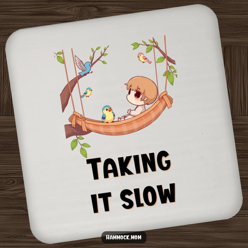 Funny Drink Coaster with a character in a hammock, observing birds, adding a humorous and protective touch to tables.