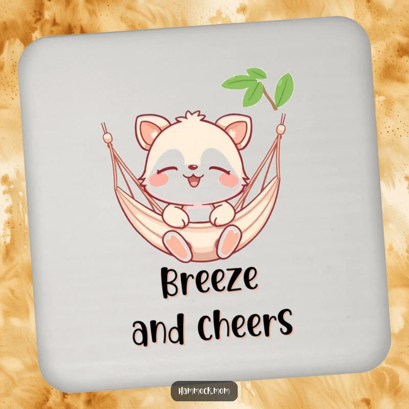 Funny drink coaster with a happy animal character eyes closed, enjoying a gentle hammock breeze, adding serene humor.