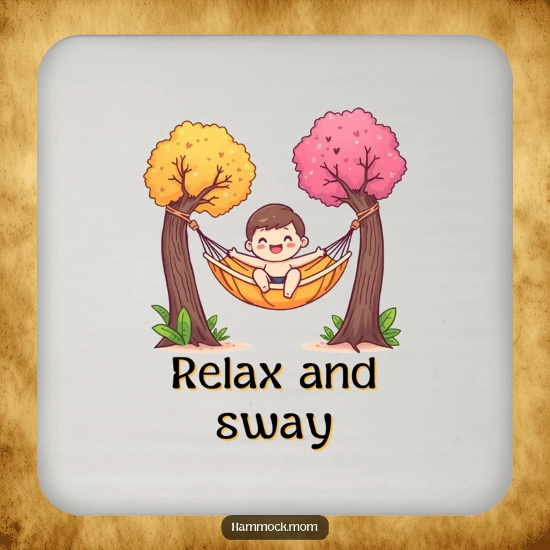 Funny drink coaster with a happy hammock character gently swaying between colorful trees, adding decorative and protective flair.