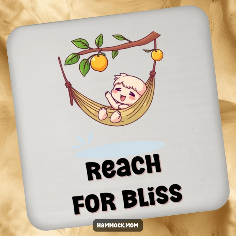 Funny drink coaster showing a character in a hammock reaching for a dangling fruit, offering humorous surface protection.