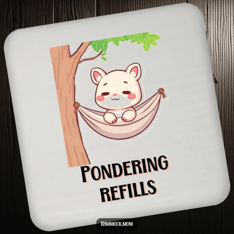 Funny Hammock Mom Animal Coaster: A cartoon mom animal in a hammock, faintly smiling and lost in thought, adding funny charm to tables.