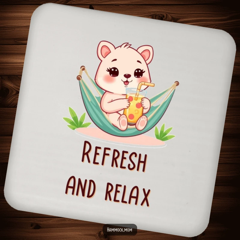 Funny Coaster featuring a mom animal holding a refreshing drink with a straw in a hammock, protecting surfaces humorously.