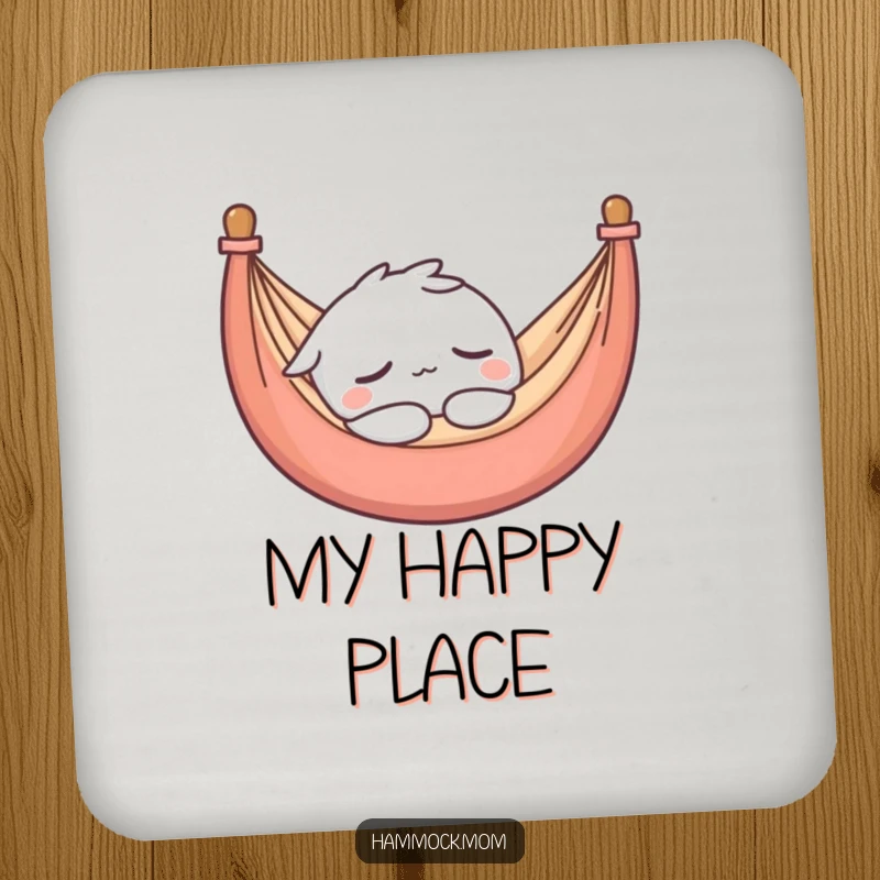 Funny drink coaster with a kawaii hammock character asleep, providing a protective and humorous surface.