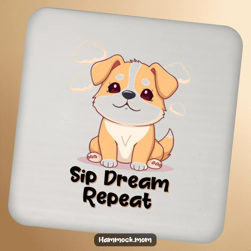 Funny Mama Dog Coasters: Mama dog with a dreamy look watching clouds protects surfaces with humor.
