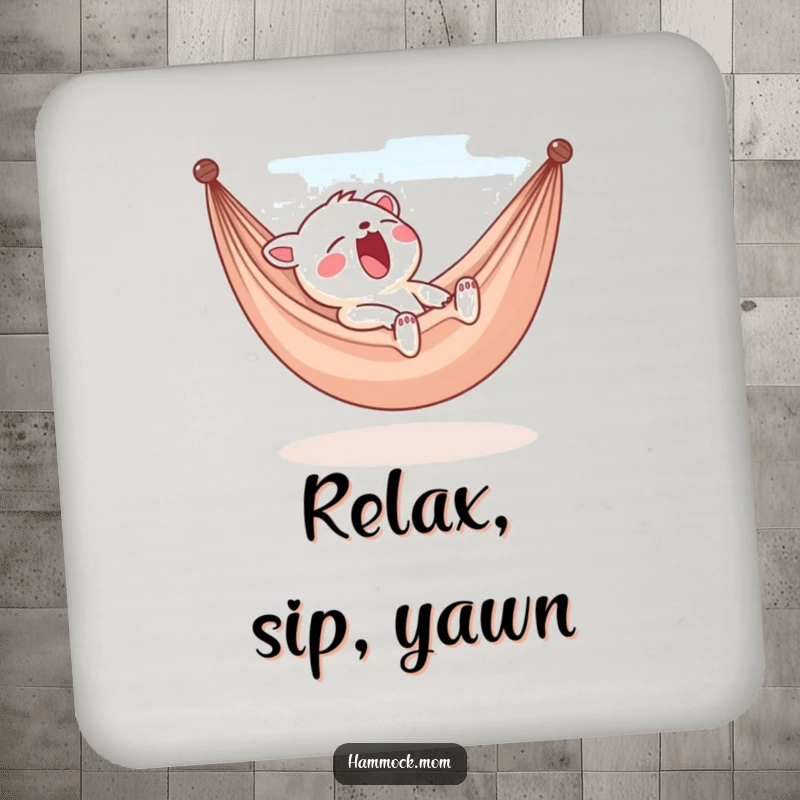 Funny yawning animal character coaster, sleepy in a hammock, chill drink accessory, humorous gift for home.