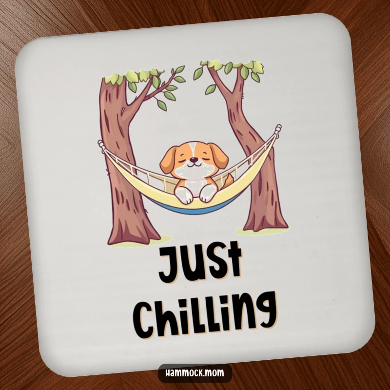Funny dog coasters featuring a dog lounging in a hammock, providing humorous surface protection for beverages.
