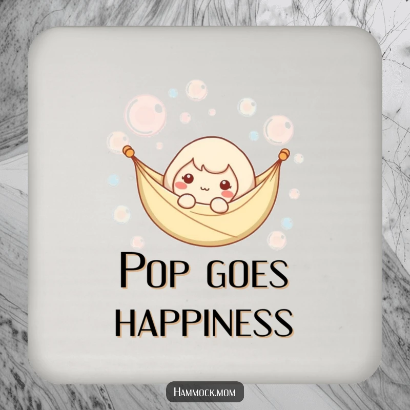 Funny drink coaster with a kawaii hammock character floating among bubbles, providing serene and humorous table protection.