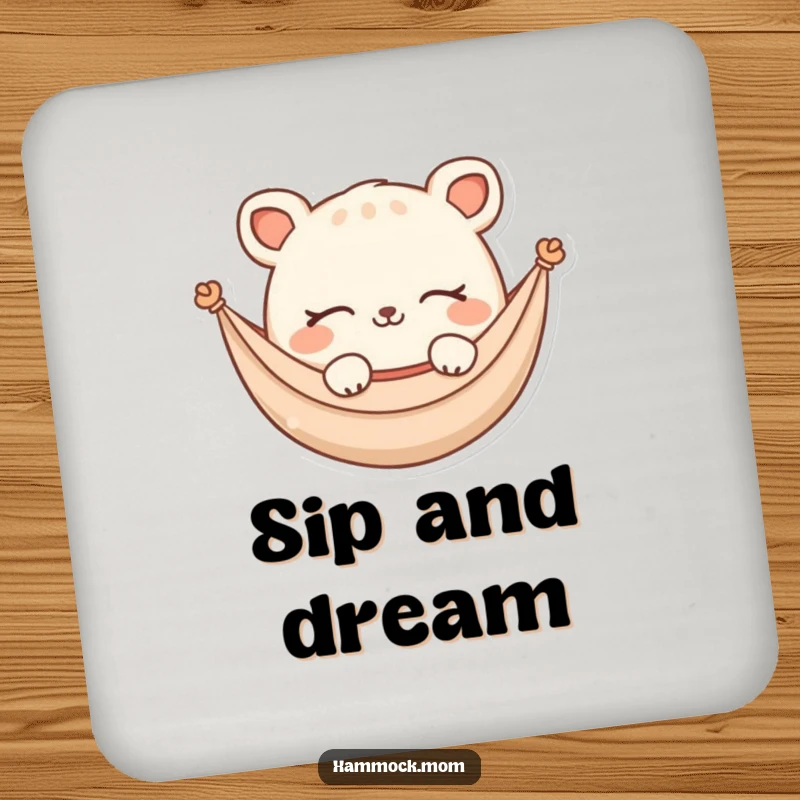 Funny Coaster: A fluffy hammock animal character dreaming with closed eyes and a soft smile, protecting surfaces with humor.