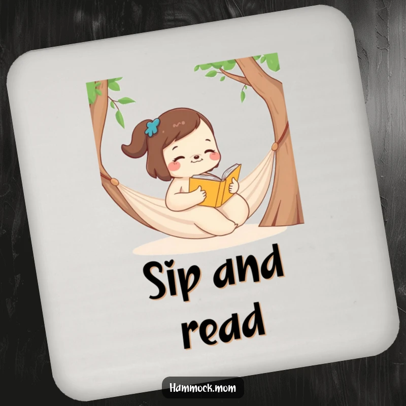 Funny Coaster featuring a mom animal reading a book in a hammock, protecting surfaces with literary humor.