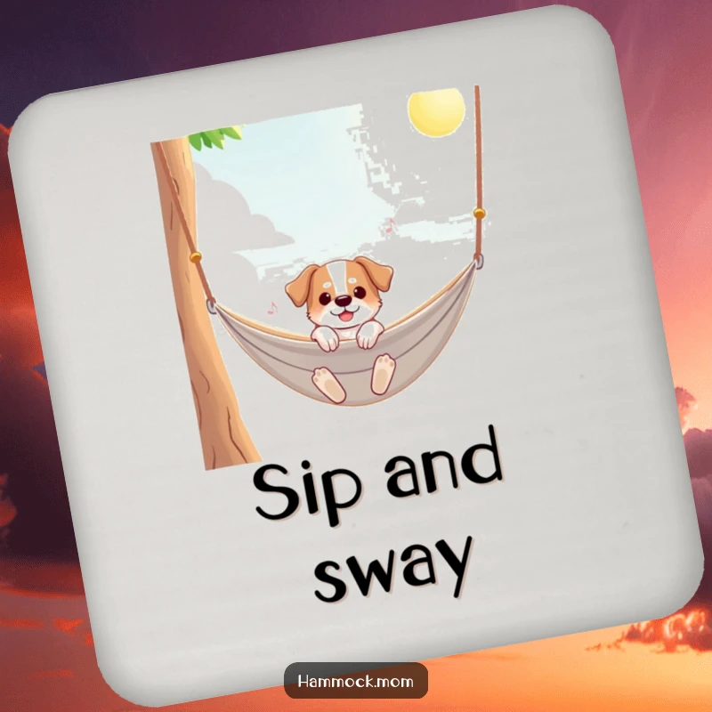 Funny dog coasters depicting a dog enjoying a sunny hammock sway, perfect for humorous and stylish surface protection.