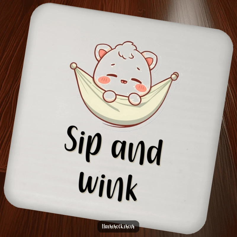 Funny drink coaster featuring a charming hammock animal character offering a cheeky wink, adding a humorous and protective touch to surfaces.