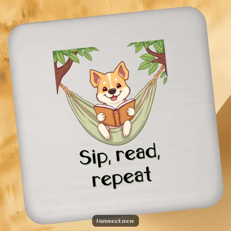 Funny dog coasters depicting a dog smirking while reading a book in a hammock, perfect for humorous surface protection.