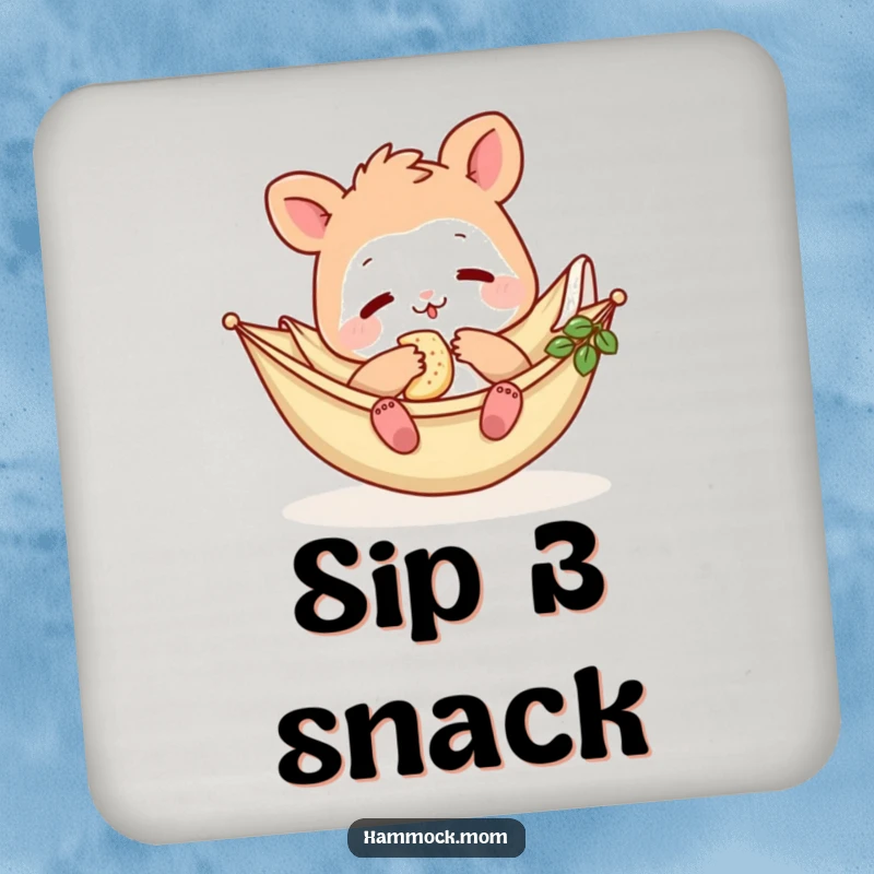 Funny Hammock Mom Animal Coaster: A petite cartoon mom animal in a hammock with snacks, offering funny protection for tables.
