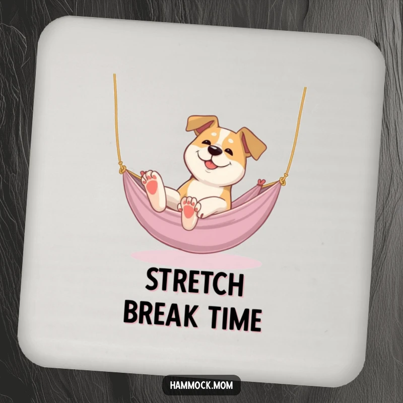 Funny dog coasters depicting a dog lazily stretching its paws in a cozy hammock, perfect for humorous surface protection.