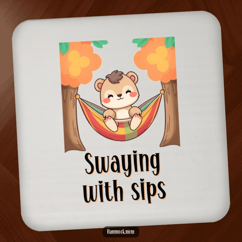 Funny relaxed animal character gently swaying in a colorful hammock between two trees, on a drink coaster to protect furniture.