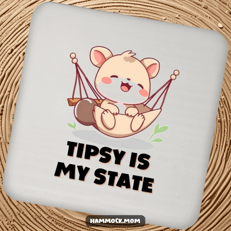 Funny coaster displaying a playful animal character giggling as their hammock tips, adding a humorous and protective touch to surfaces.