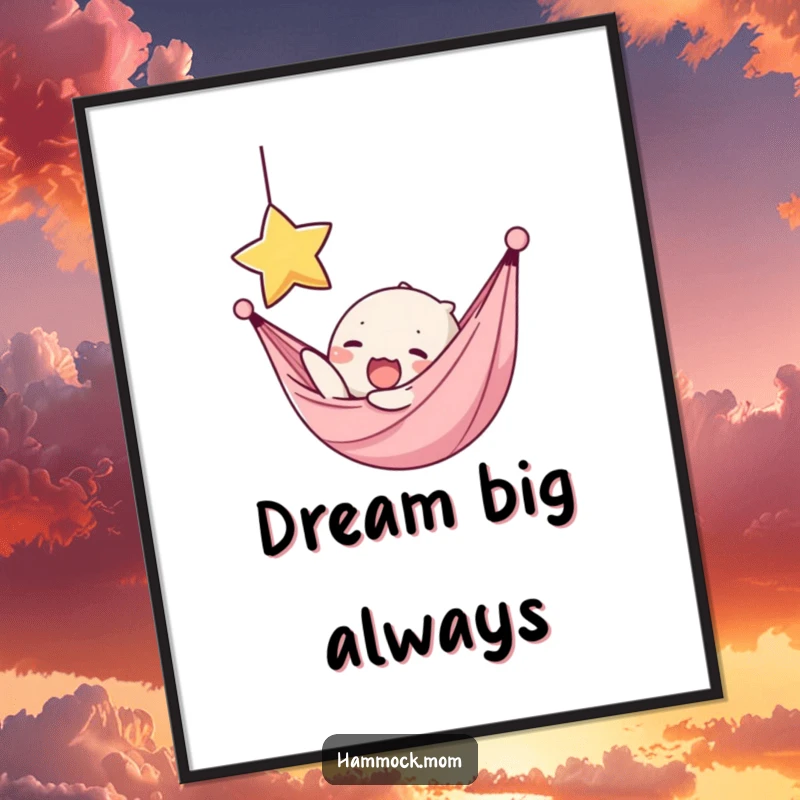 Funny poster art of a kawaii hammock character yawning while reaching for a star, symbolizing dreams and aspirations.