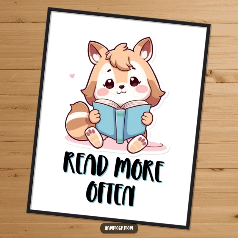 Funny playful animal character lounging while reading a book, cozy and humorous wall art.