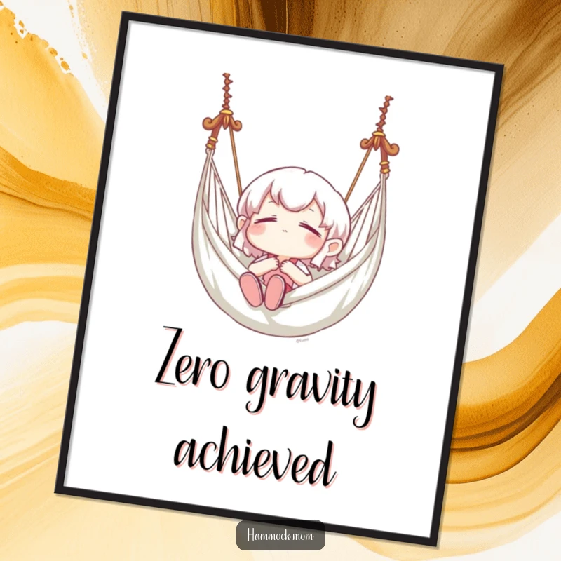 Funny poster art depicting a character in serene bliss while swinging in a hammock, adding humorous relaxation to decor.