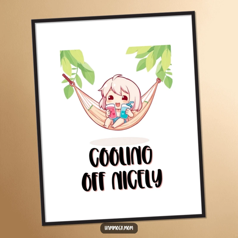 Funny poster art of a character holding a cool drink while in a hammock, adding humorous refreshment and relaxation to decor.
