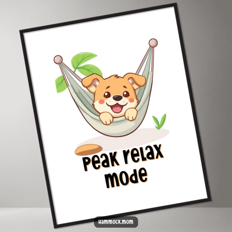 Funny dog peeking from a hammock with a funny amused expression, displayed as a poster print for wall art, a great funny gift.