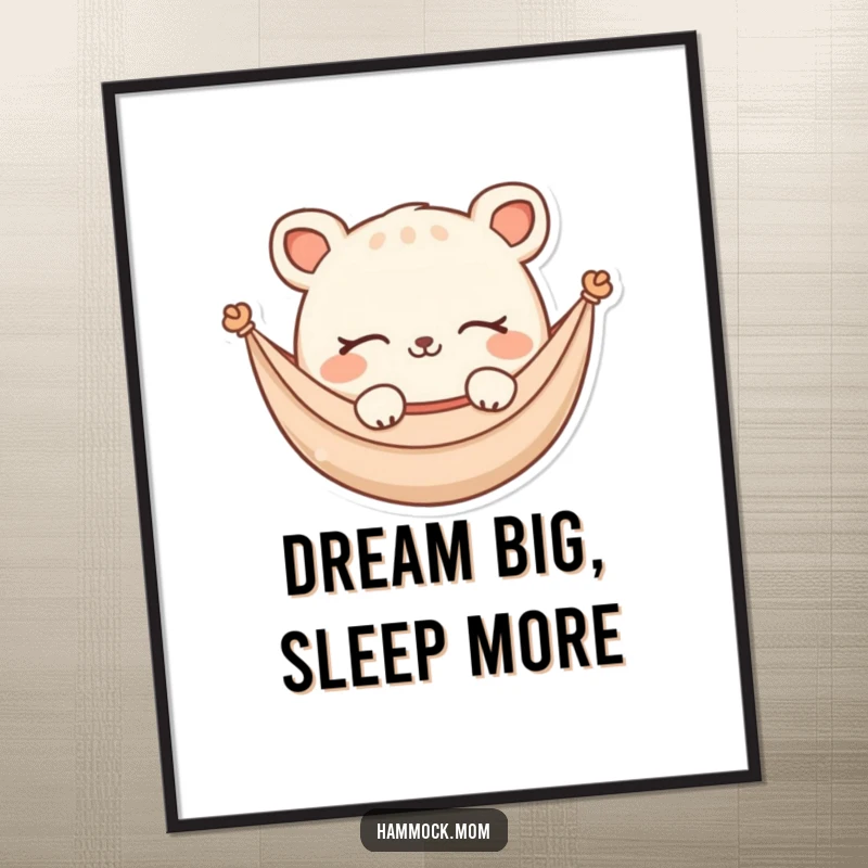 Funny Poster: Amusing hammock animal character with closed eyes and a soft smile, depicted dreaming peacefully, adding charm to decor.