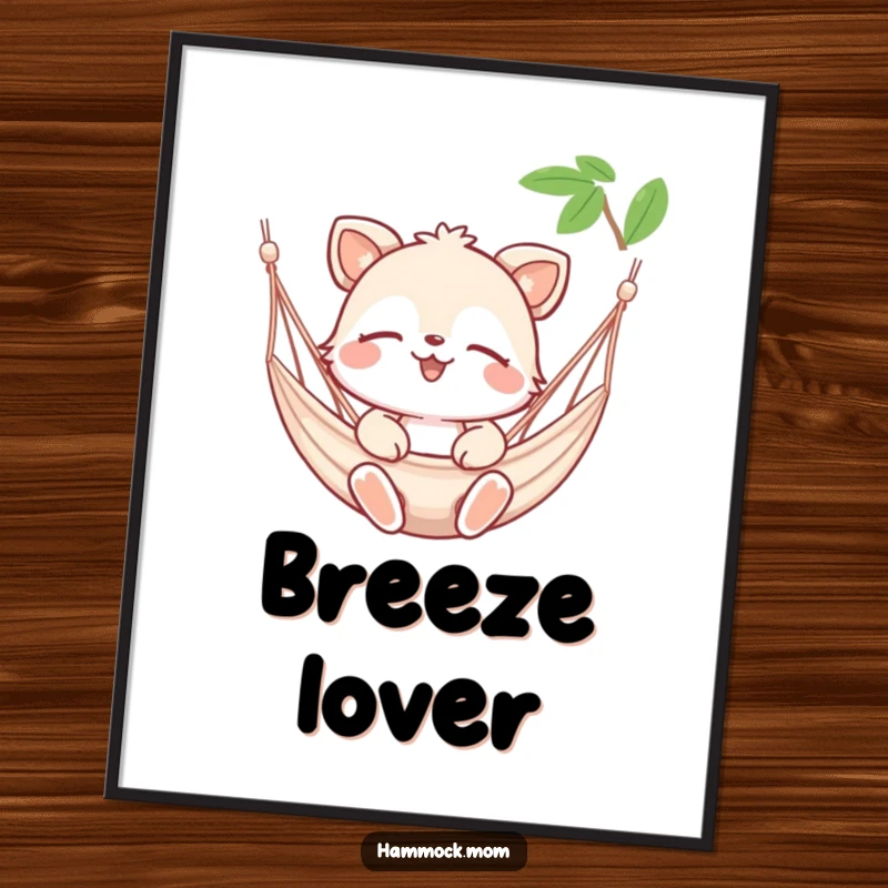 Funny poster showing a happy animal character with eyes closed, enjoying a gentle hammock breeze, symbolizing peaceful outdoor moments.