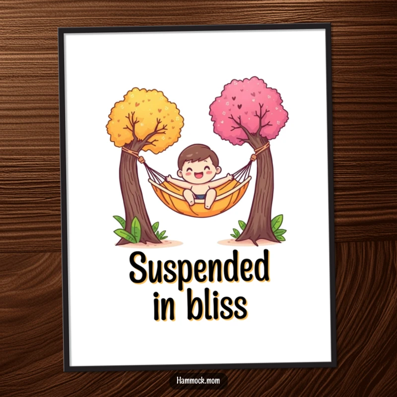 Funny poster art of a happy hammock character gently swaying between two colorful trees, evoking tranquility and joyful leisure.