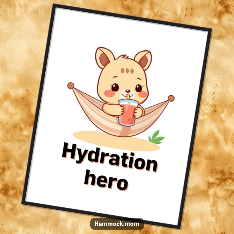 Funny poster art of a hammock animal character extending a cool beverage with a straw, perfect for creating a relaxed and humorous atmosphere.