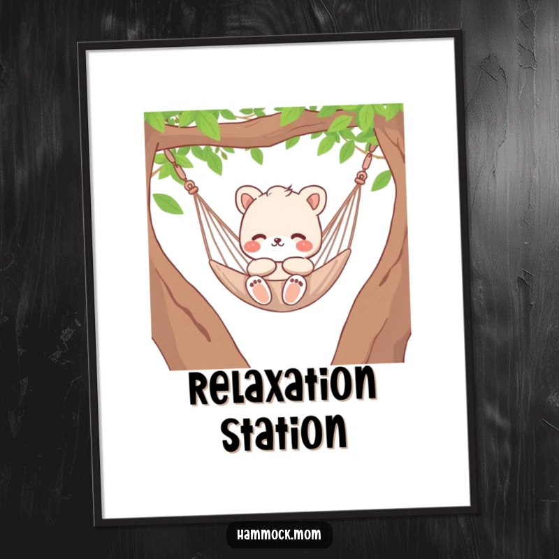 Funny relaxed animal character mom gently swinging in a hammock, calm and humorous wall art.