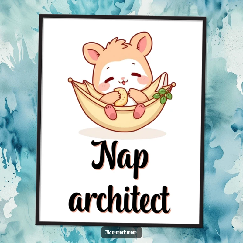 Funny Hammock Mom Animal Poster: A delightful cartoon mom animal lounging in a hammock, enjoying a snack, perfect for funny wall decor.