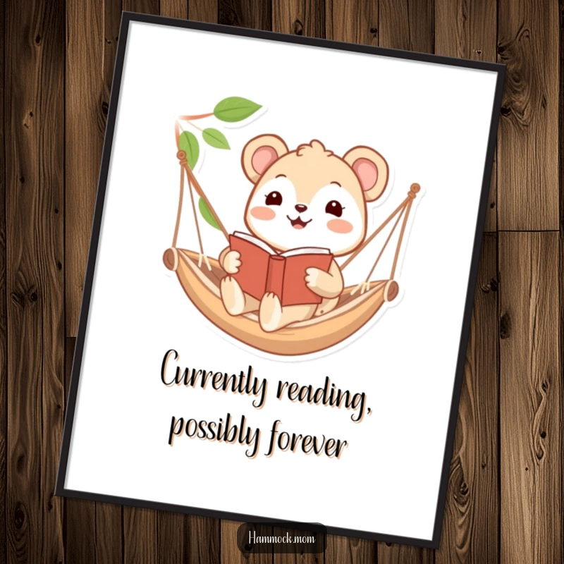 Funny poster art of a happy animal character reading a book in a hammock, evoking a sense of peace and literary enjoyment.