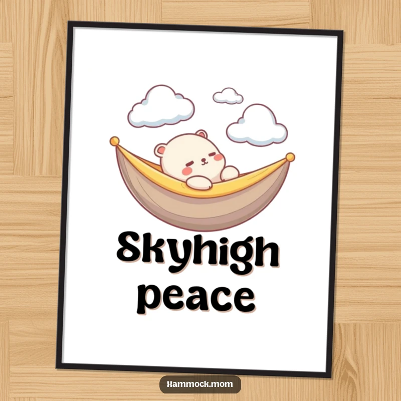 Funny Kawaii Animal Poster: An illustration of a creature in a hammock, peacefully looking at clouds, evoking calm and gentle humor.