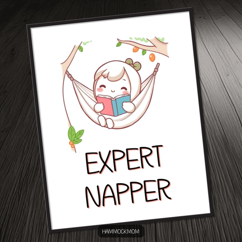 Funny Kawaii hammock poster showcasing a character holding a book, looking completely relaxed in a serene environment.
