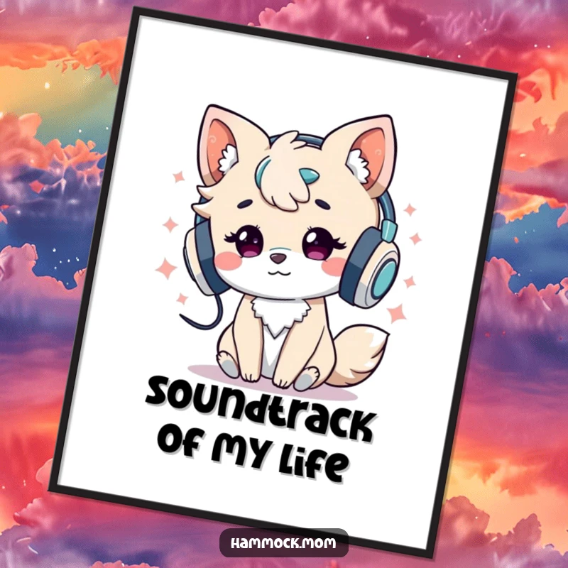 Funny Poster: Artistic depiction of an animal character wearing headphones and fully immersed in listening to music, radiating joy.