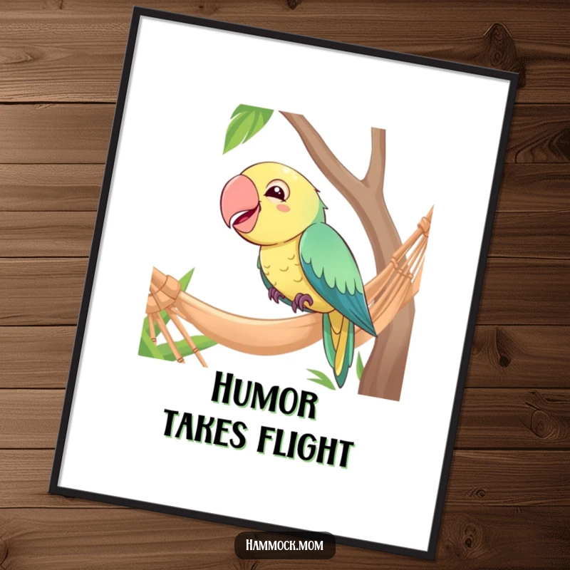 Funny poster of a giggling parrot perched humorously at the edge of a hammock, capturing a moment of amusement.