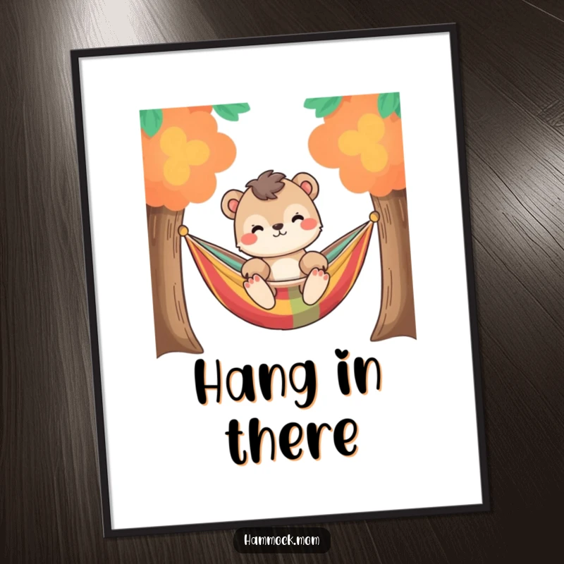 Funny relaxed animal character gently swaying in a colorful hammock between two trees, as wall art on a poster.
