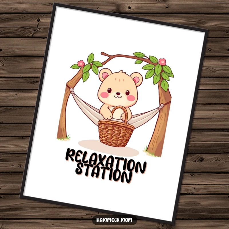 Funny Poster: Adorable animal character relaxing in a hammock, with a picnic basket at its base, evoking a sense of peace and leisure.
