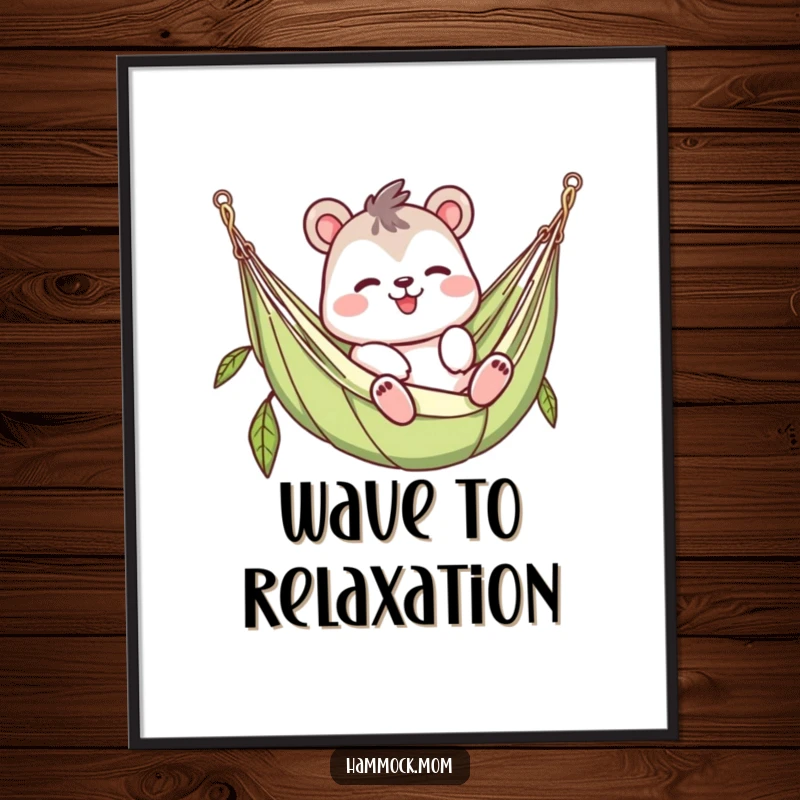 Funny waving animal character poster, lazy in a hammock, cozy wall art, humorous gift for home decor.