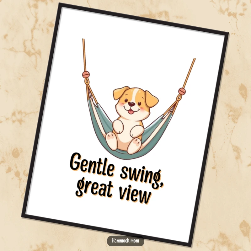 Funny dog gently swinging in a hammock, depicted in a poster print, conveying calm and humor, a beautiful funny gift.