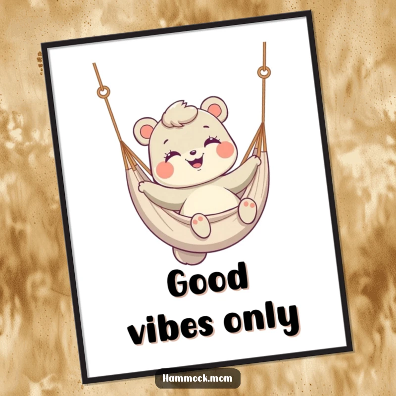 Funny Poster depicting a mom animal smiling while gently swinging in a hammock, radiating cheerful vibes.