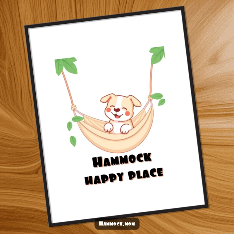Funny dog hammock poster, a dog smiling dreamily in a swinging hammock, serene art.
