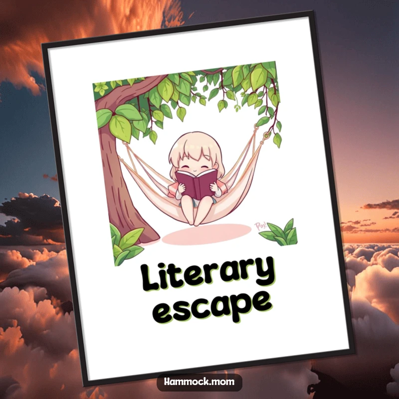 Funny poster art of a character absorbed in a book while in a hammock, adding humorous literary charm to decor.